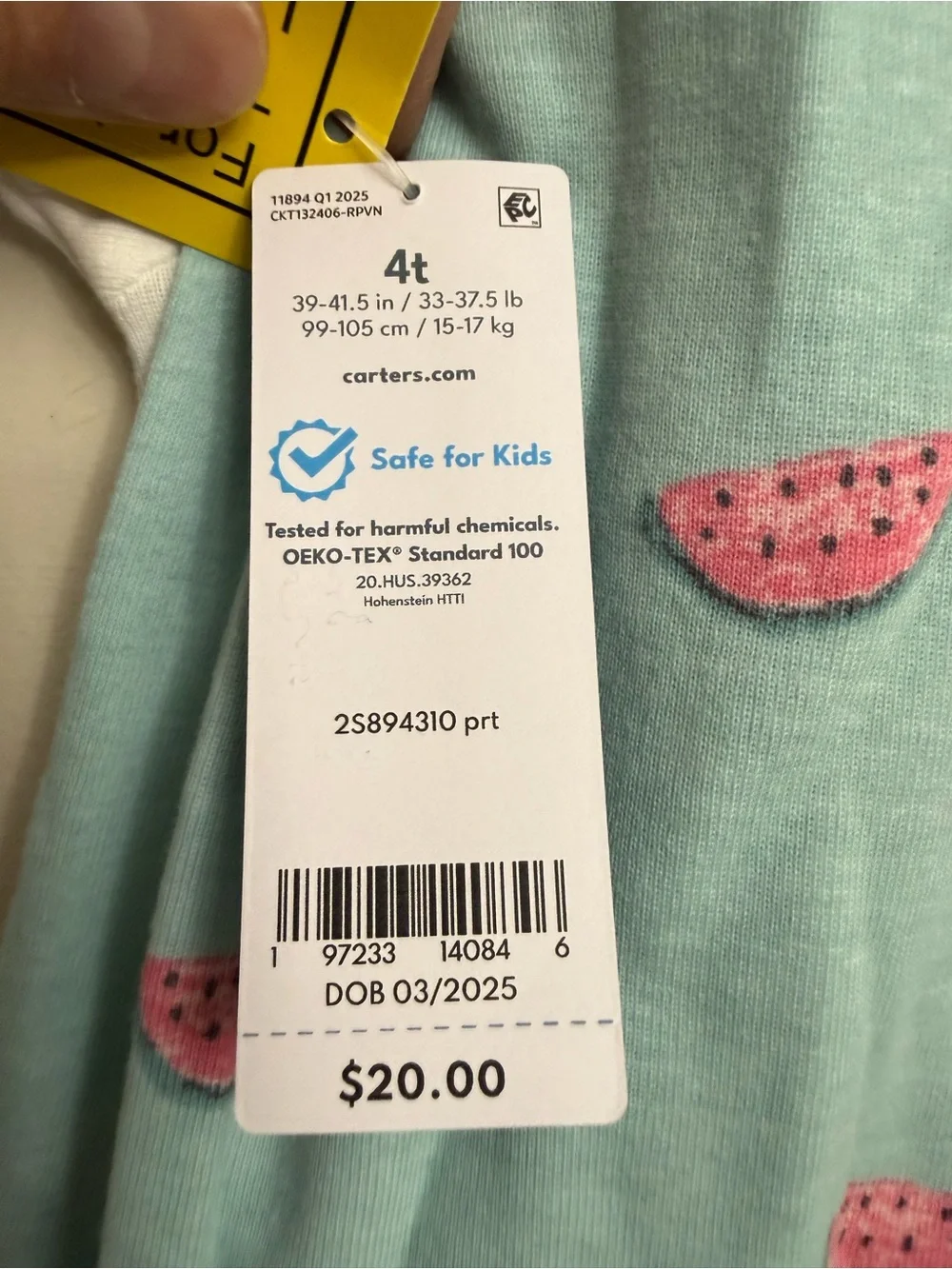 Carter's White Tee & Mint Watermelon Pajama Set with Pink Accents